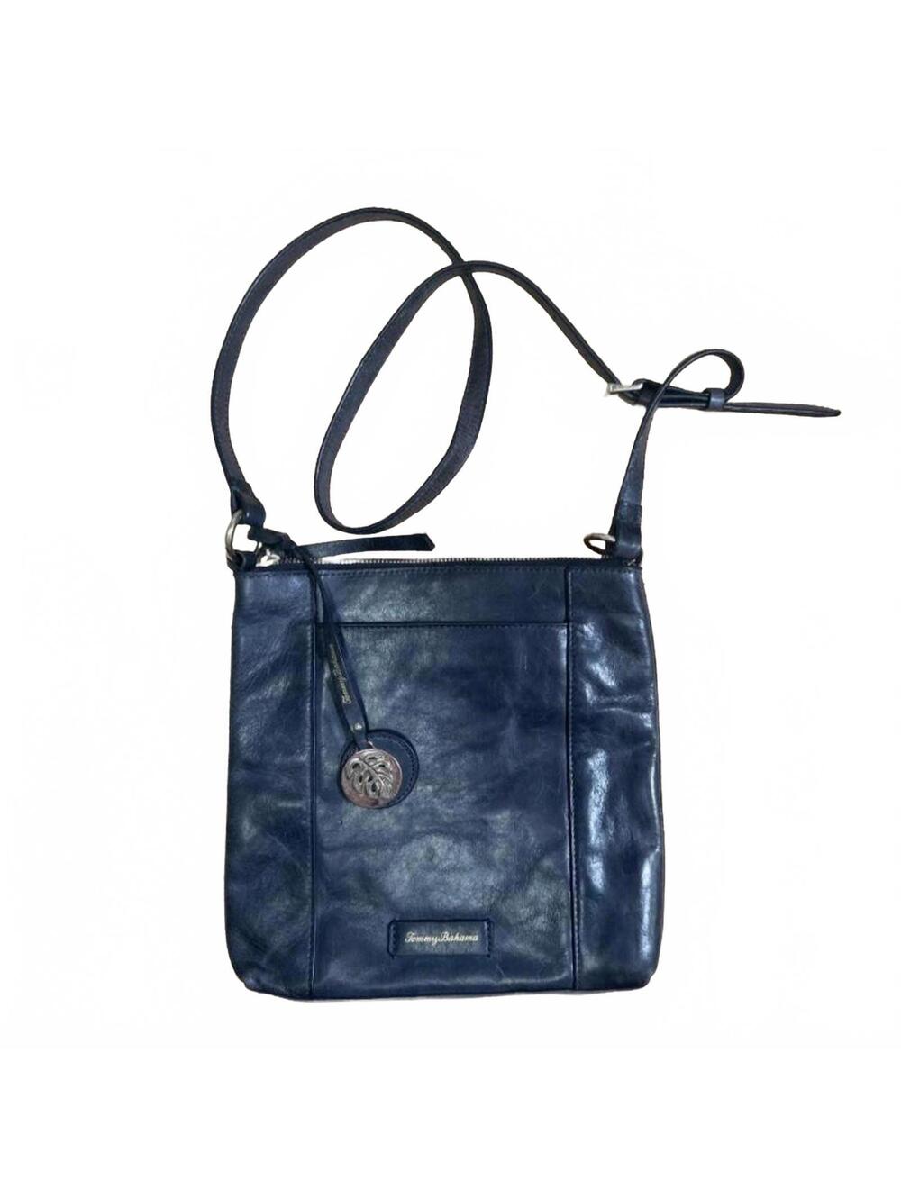 Tommy Bahama Black Blueish Leather Crossbody Purse Gold Medallion Charm